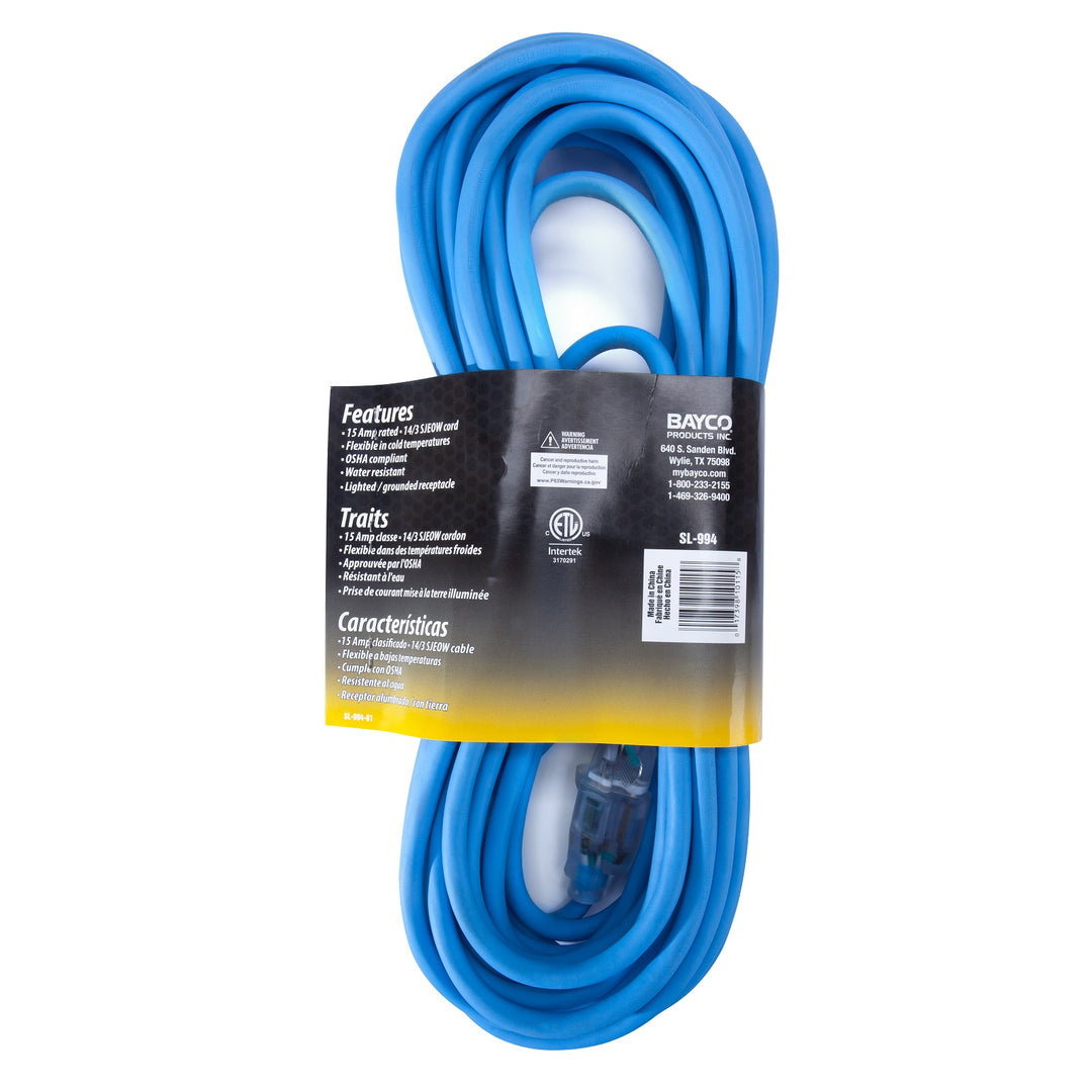 SL-994: 50' Cold Weather Extension Cord w/Single Lighted Outlet - 15amp
