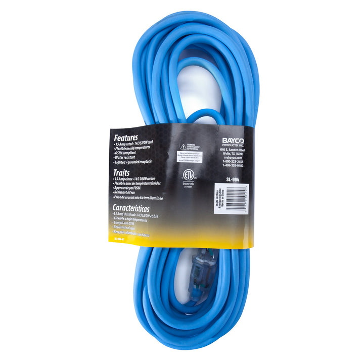 SL-994: 50' Cold Weather Extension Cord w/Single Lighted Outlet - 15amp