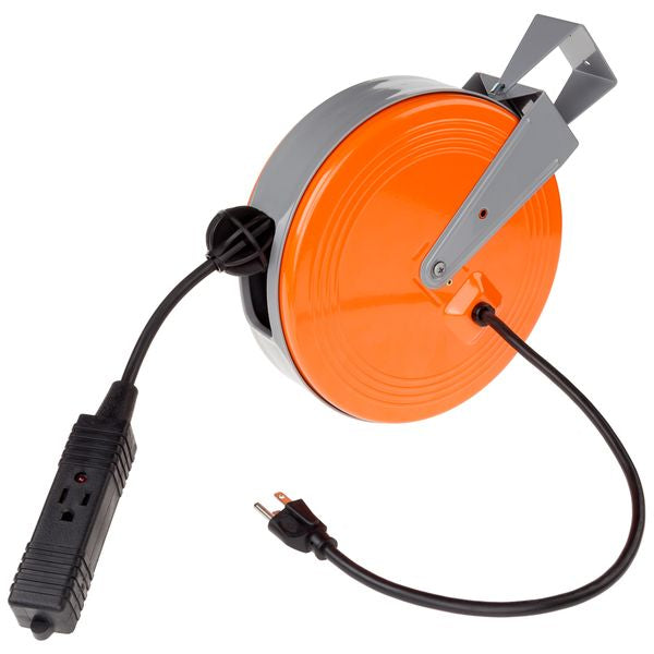 HD-800: 30ft Retractable Metal Cord Reel w/3 Outlets - 10amp